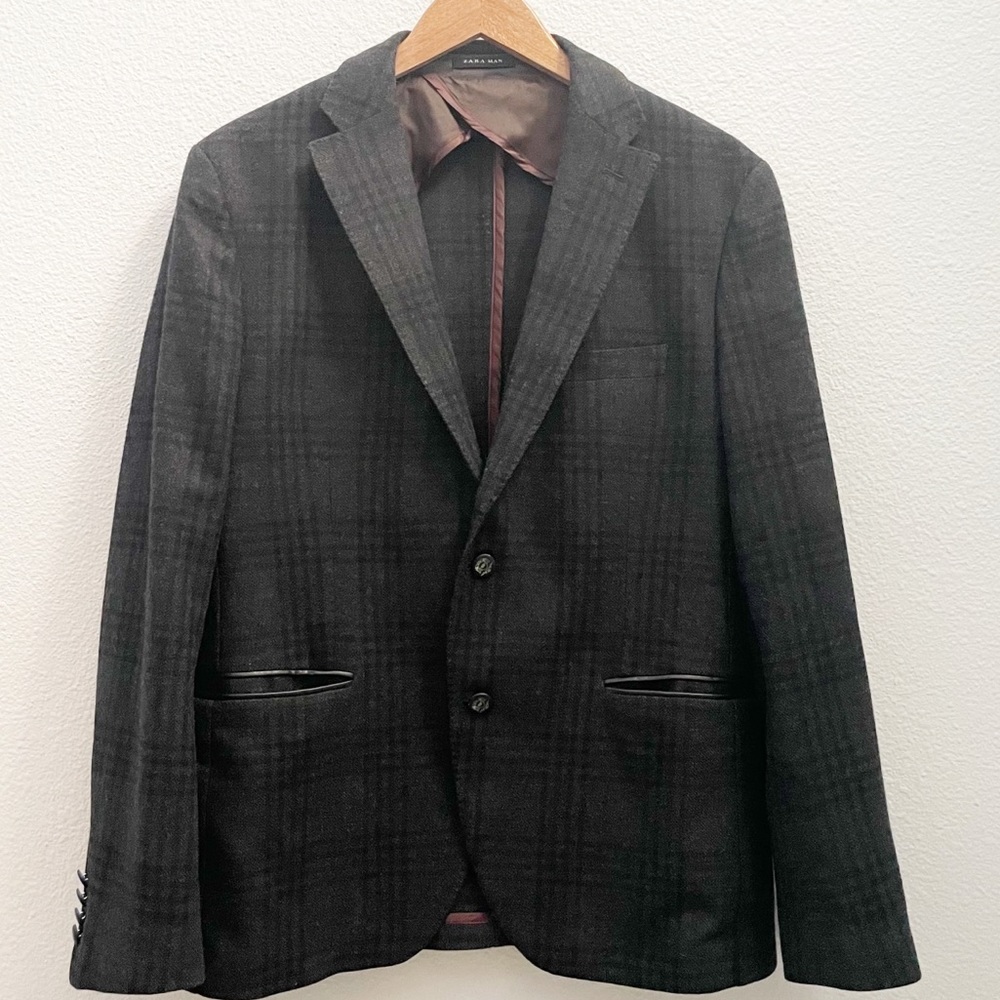 Zara Man charcoal gray plaid blazer suit jacket